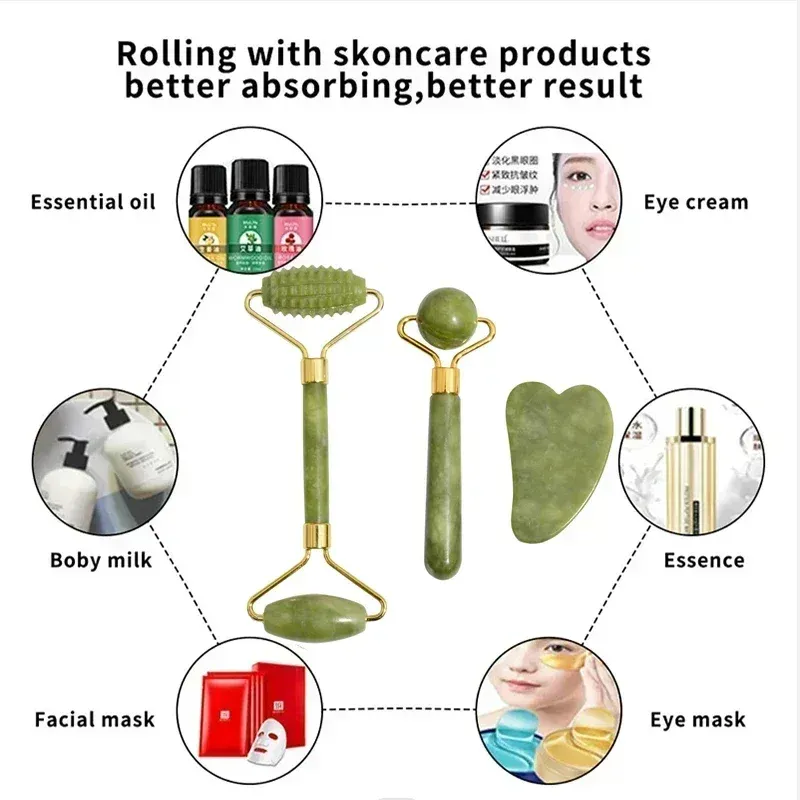 Rouleau de jade naturel pour le visage et le cou, en pierre naturelle, avec pierre Gua Sha 4