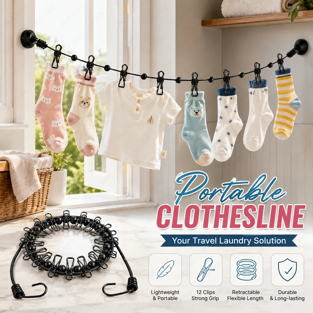Corde à linge rétractable portable avec 12 pinces, en plastique antidérapant, idéale pour le voyage, la maison et le camping - Image 1