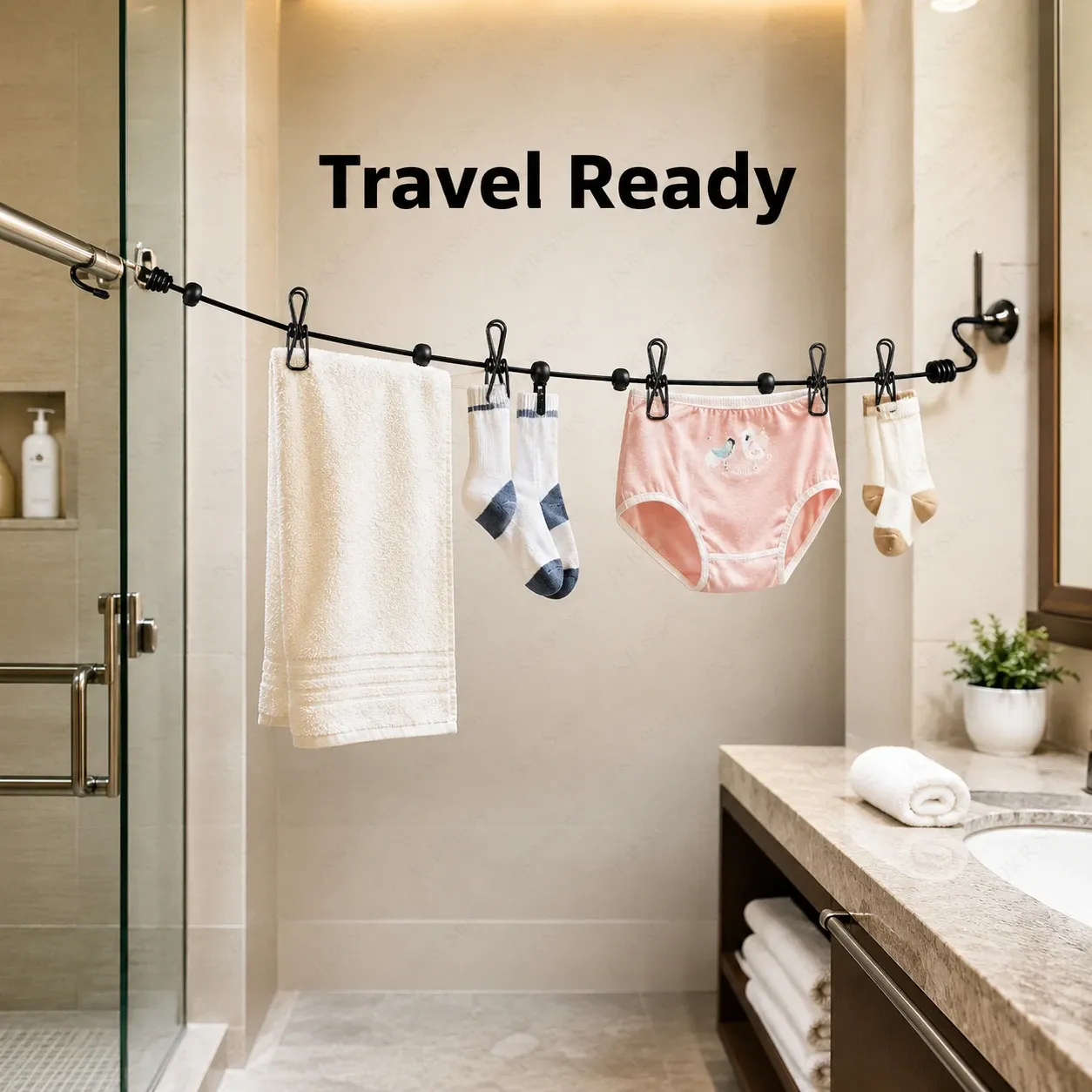Corde à linge rétractable portable avec 12 pinces, en plastique antidérapant, idéale pour le voyage, la maison et le camping 3