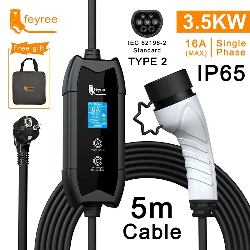 Chargeur EV Feyree Type 2 16 A, 3,5 kW – Boîtier de charge portable avec câble 5 m, prise GB/T Type 1 et adaptateur J1772 - Image 1