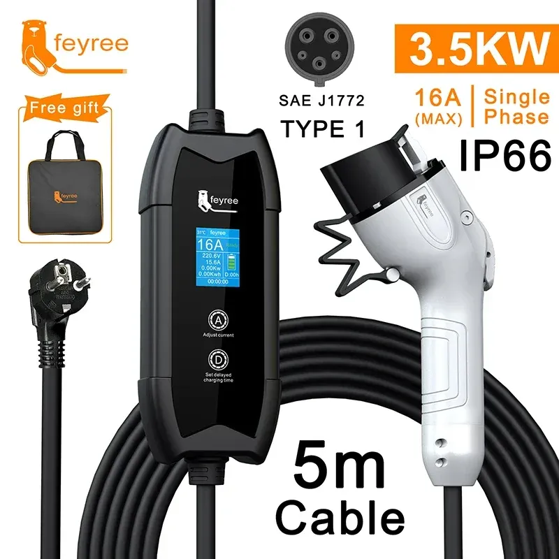 Chargeur EV Feyree Type 2 16 A, 3,5 kW – Boîtier de charge portable avec câble 5 m, prise GB/T Type 1 et adaptateur J1772 2