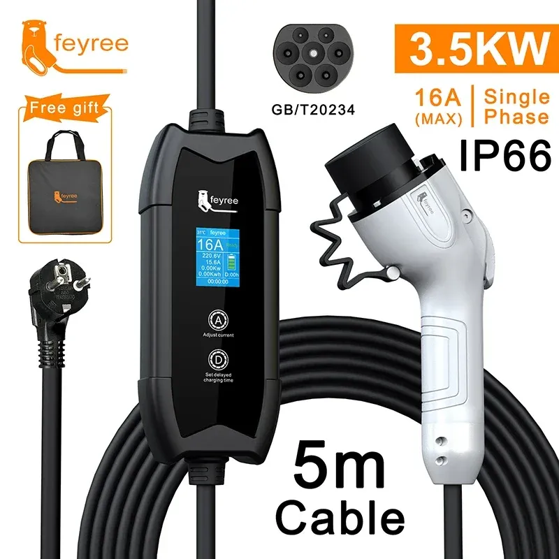 Chargeur EV Feyree Type 2 16 A, 3,5 kW – Boîtier de charge portable avec câble 5 m, prise GB/T Type 1 et adaptateur J1772 3