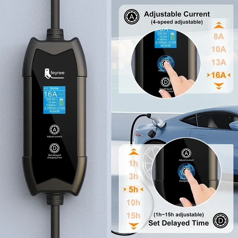 Chargeur EV Feyree Type 2 16 A, 3,5 kW – Boîtier de charge portable avec câble 5 m, prise GB/T Type 1 et adaptateur J1772 5