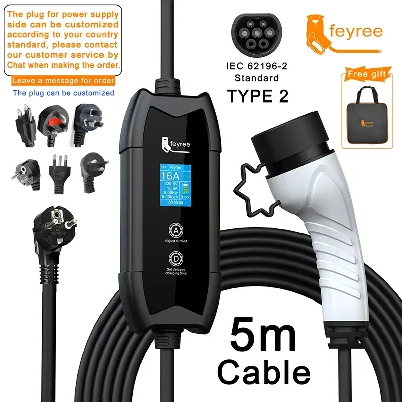 Chargeur EV Feyree Type 2 16 A, 3,5 kW – Boîtier de charge portable avec câble 5 m, prise GB/T Type 1 et adaptateur J1772 7