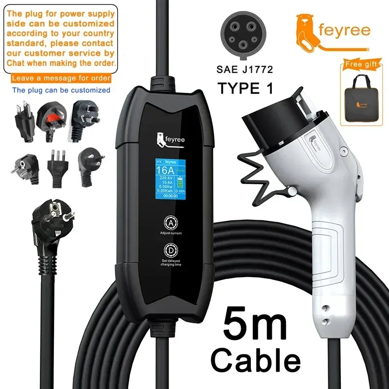 Chargeur EV Feyree Type 2 16 A, 3,5 kW – Boîtier de charge portable avec câble 5 m, prise GB/T Type 1 et adaptateur J1772 9