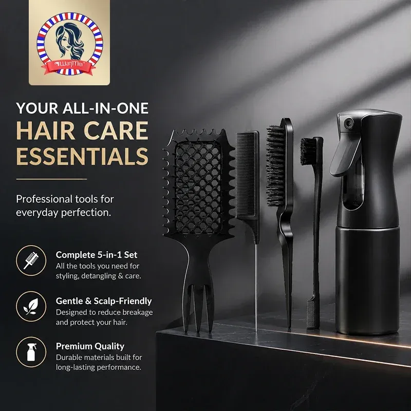 Ensemble de coiffure 5 pièces : brosse coiffante Curl Define, peigne queue de rat incurvé, brosse de finition des contours, pour des résultats de qualité salon - Image 1