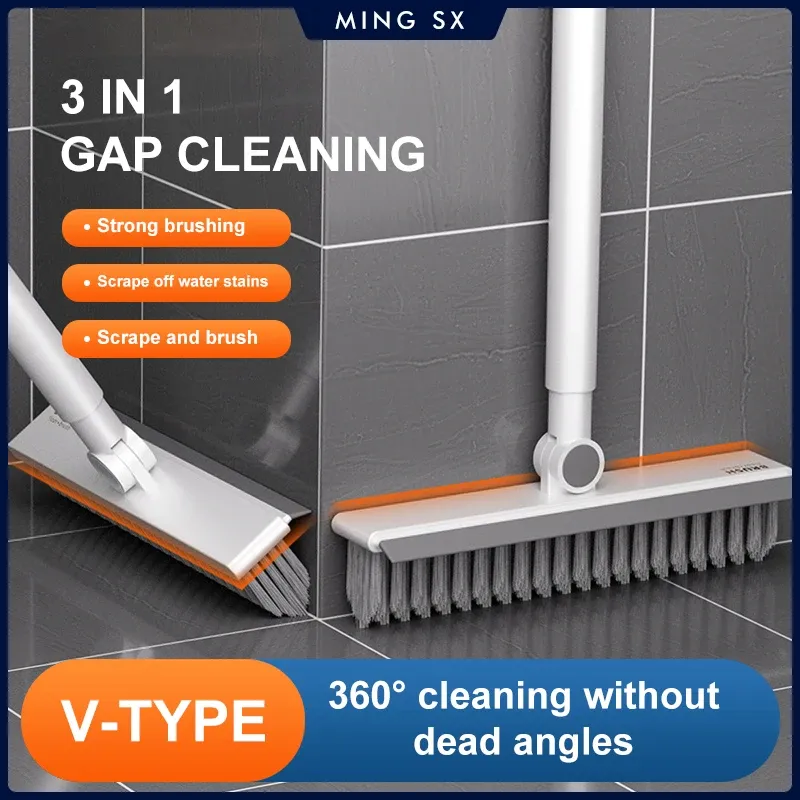 Brosse multifonctionnelle à long manche pour sols de salle de bains et de cuisine, joints de carrelage, murs et toilettes