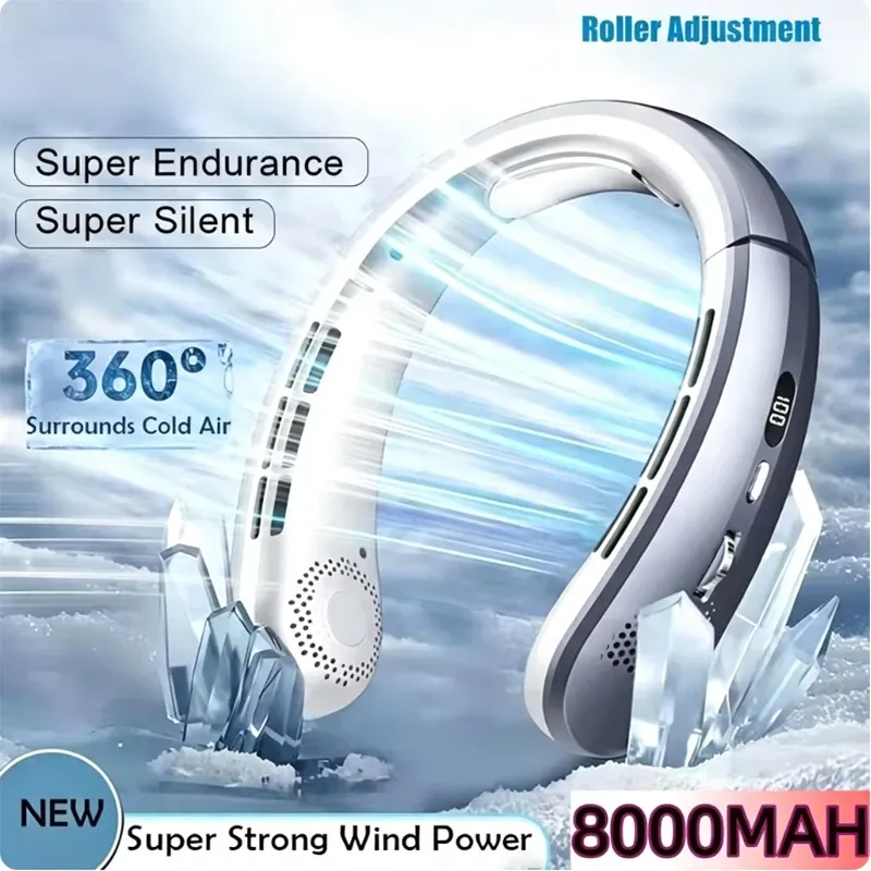 Ventilateur de cou portable sans pales 8000 mAh, rechargeable par USB, silencieux, écran LED 1