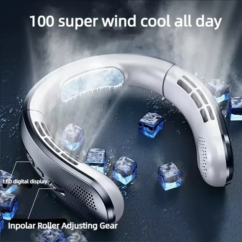 Ventilateur de cou portable sans pales 8000 mAh, rechargeable par USB, silencieux, écran LED 2