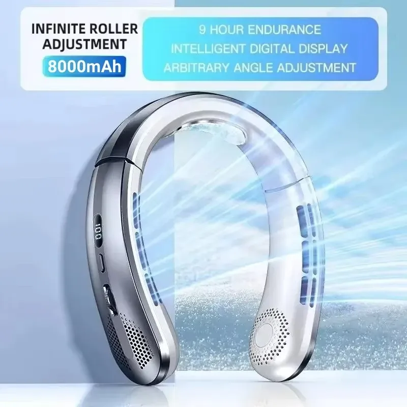 Ventilateur de cou portable sans pales 8000 mAh, rechargeable par USB, silencieux, écran LED 7