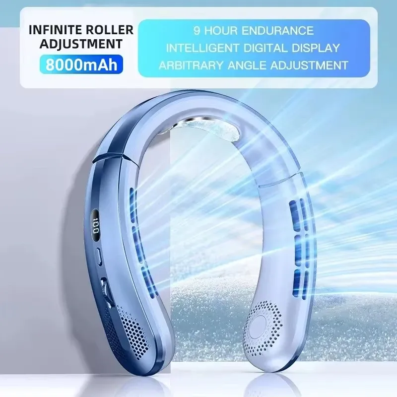 Ventilateur de cou portable sans pales 8000 mAh, rechargeable par USB, silencieux, écran LED 8