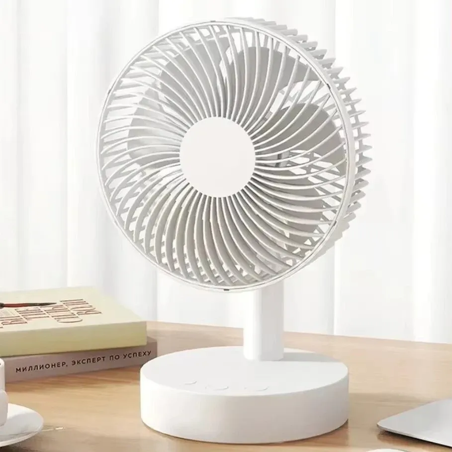 Petit ventilateur de bureau blanc silencieux avec minuterie, 4 vitesses réglables, rechargeable et portable, détachable - Image 1
