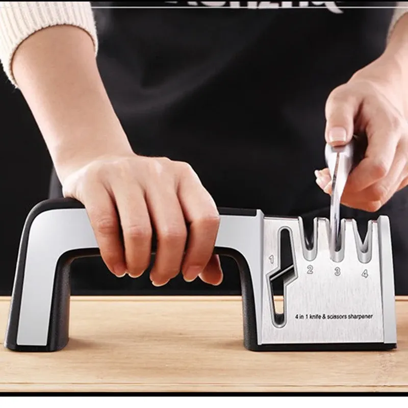 Aiguiseur de couteaux professionnel 4 en 1 avec ciseaux de cuisine manuels et accessoires en acier inoxydable, pour couteaux de toutes tailles - Image 1
