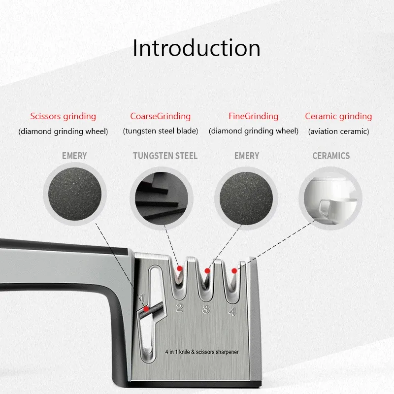 Aiguiseur de couteaux professionnel 4 en 1 avec ciseaux de cuisine manuels et accessoires en acier inoxydable, pour couteaux de toutes tailles 4