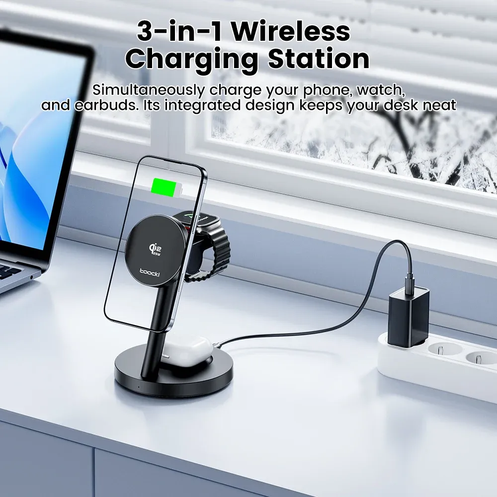 Chargeur magnétique sans fil Toocki Qi2.2 3-en-1 25 W pour iPhone, Samsung, montre et écouteurs 2