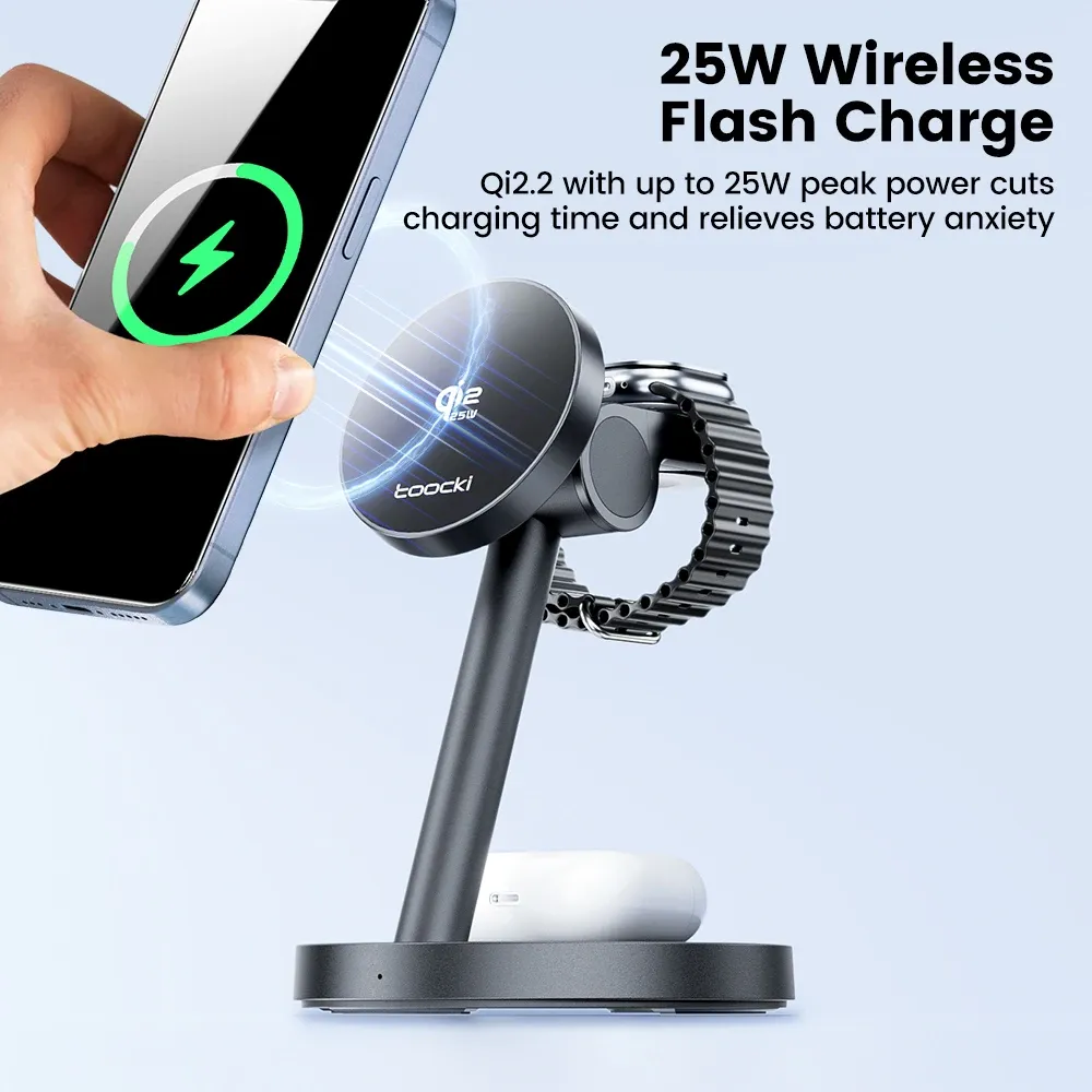 Chargeur magnétique sans fil Toocki Qi2.2 3-en-1 25 W pour iPhone, Samsung, montre et écouteurs 5