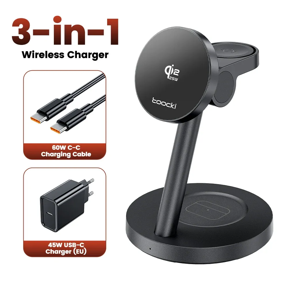 Chargeur magnétique sans fil Toocki Qi2.2 3-en-1 25 W pour iPhone, Samsung, montre et écouteurs 7