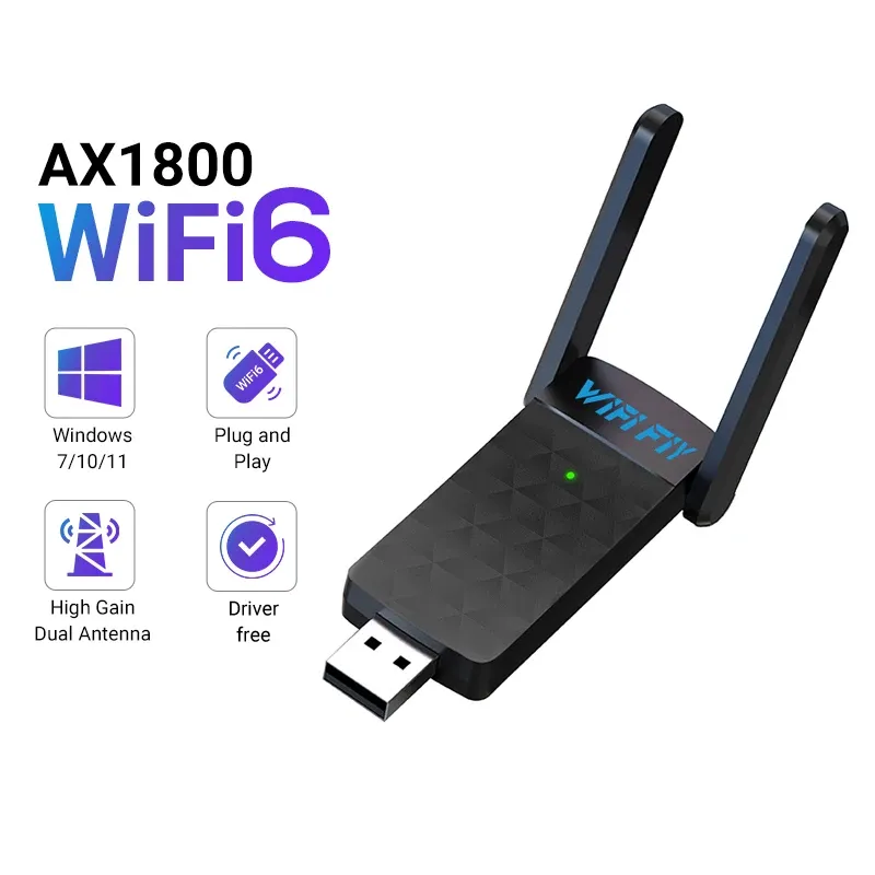 Adaptateur WiFi 6 USB 3.0 1800 Mbps double bande 5 GHz / 2,4 GHz, carte réseau sans fil 802.11ax, antenne haut gain, compatible Windows 10 / 11 2