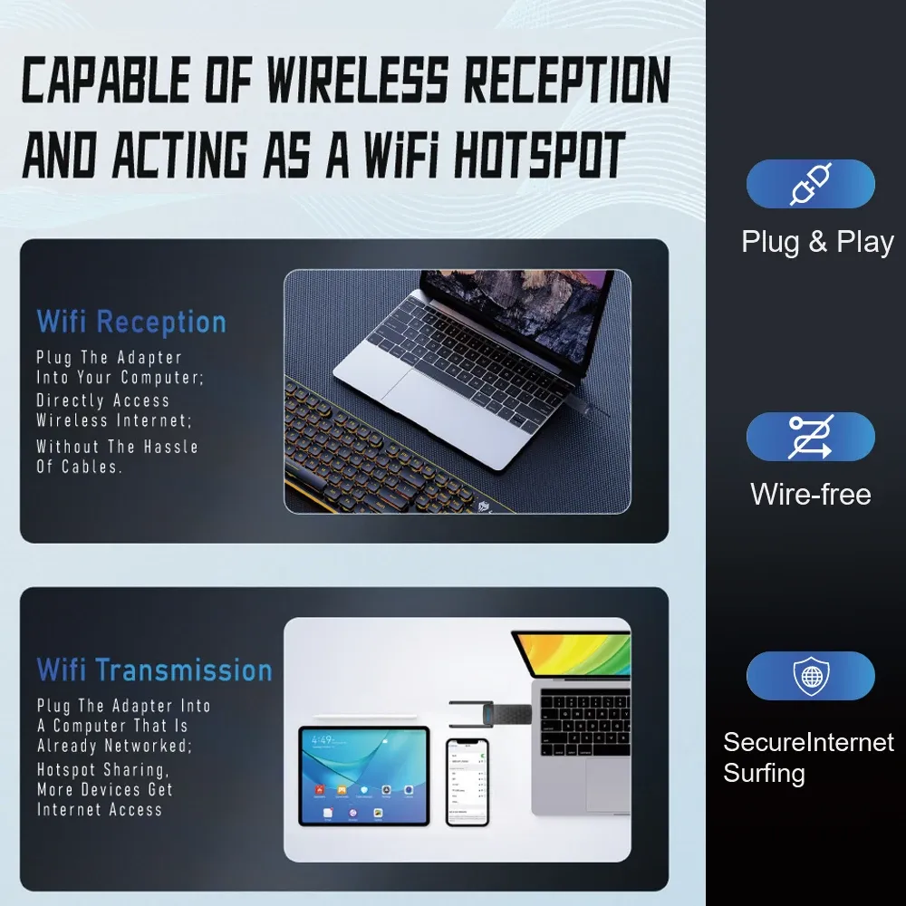 Adaptateur WiFi 6 USB 3.0 1800 Mbps double bande 5 GHz / 2,4 GHz, carte réseau sans fil 802.11ax, antenne haut gain, compatible Windows 10 / 11 3