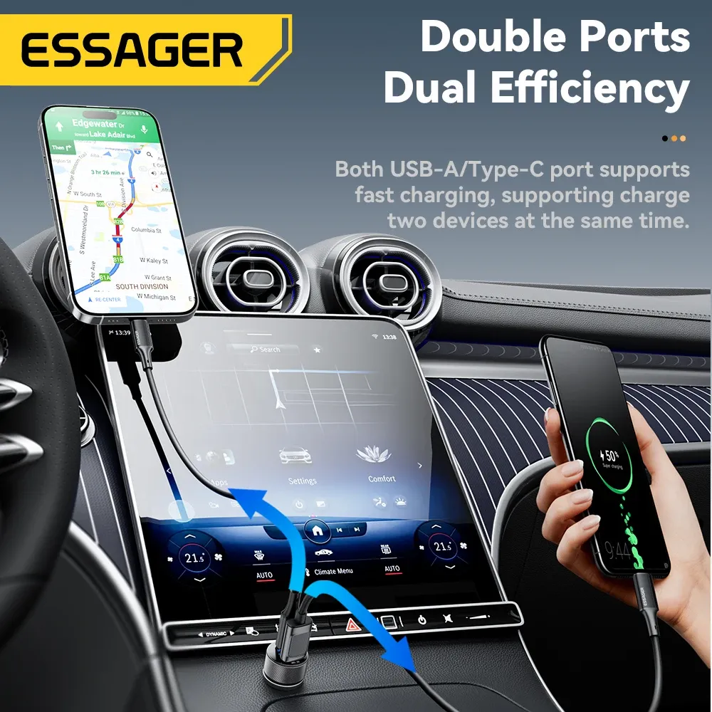 Chargeur de voiture USB-C 45W 2 ports, PD 3.0, QC 3.0, avec écran numérique, pour iPhone 16, iPhone 15, Xiaomi, Huawei, Samsung et OPPO 2