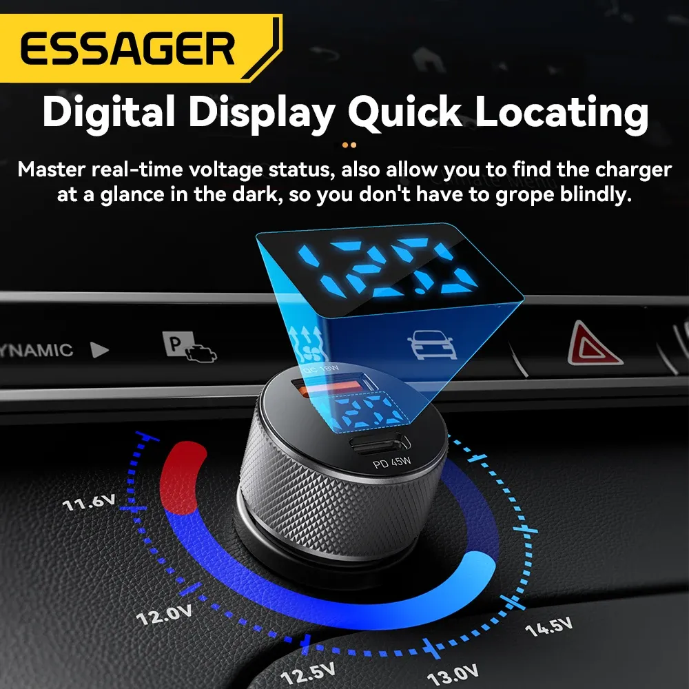 Chargeur de voiture USB-C 45W 2 ports, PD 3.0, QC 3.0, avec écran numérique, pour iPhone 16, iPhone 15, Xiaomi, Huawei, Samsung et OPPO 3
