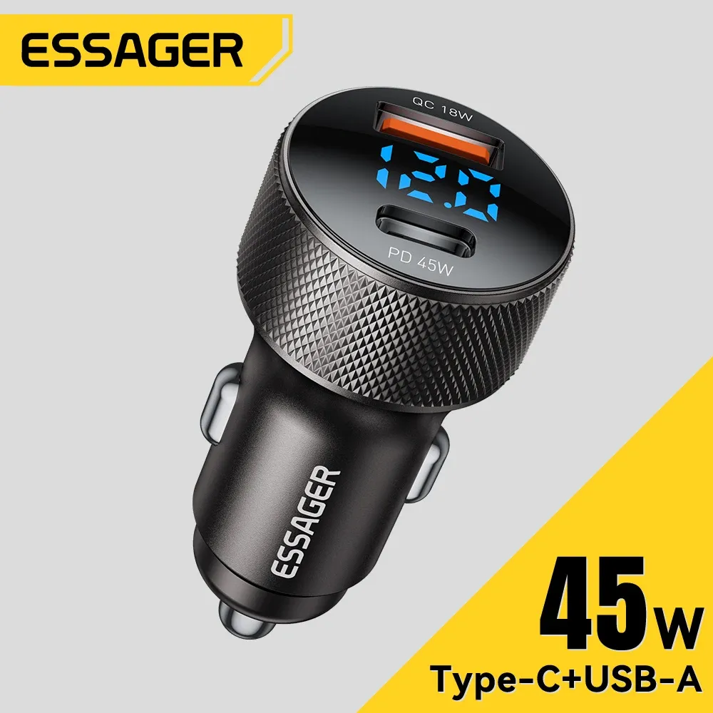 Chargeur de voiture USB-C 45W 2 ports, PD 3.0, QC 3.0, avec écran numérique, pour iPhone 16, iPhone 15, Xiaomi, Huawei, Samsung et OPPO
