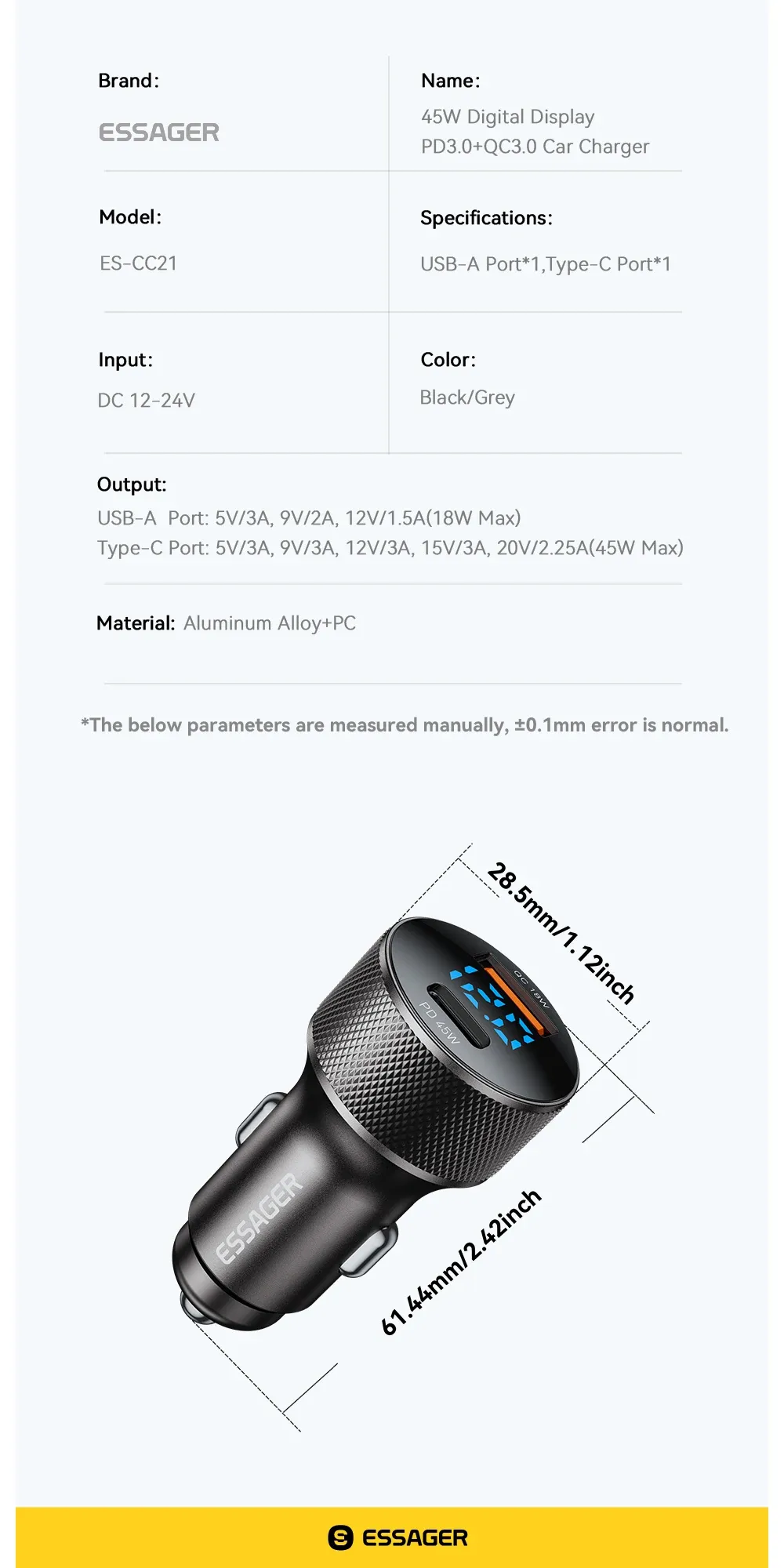 Chargeur de voiture, finition premium