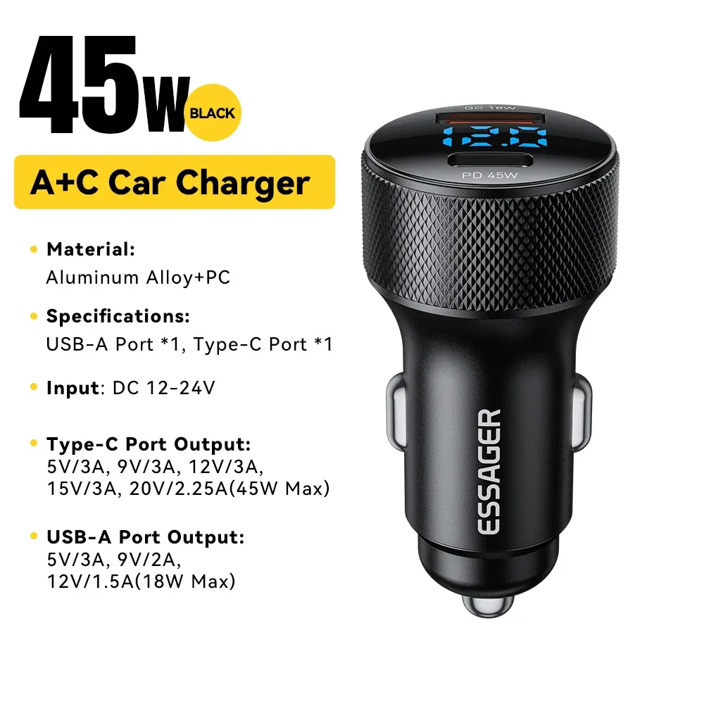 Chargeur de voiture USB-C 45W 2 ports, PD 3.0, QC 3.0, avec écran numérique, pour iPhone 16, iPhone 15, Xiaomi, Huawei, Samsung et OPPO 7