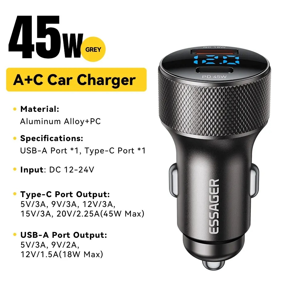 Chargeur de voiture USB-C 45W 2 ports, PD 3.0, QC 3.0, avec écran numérique, pour iPhone 16, iPhone 15, Xiaomi, Huawei, Samsung et OPPO 8