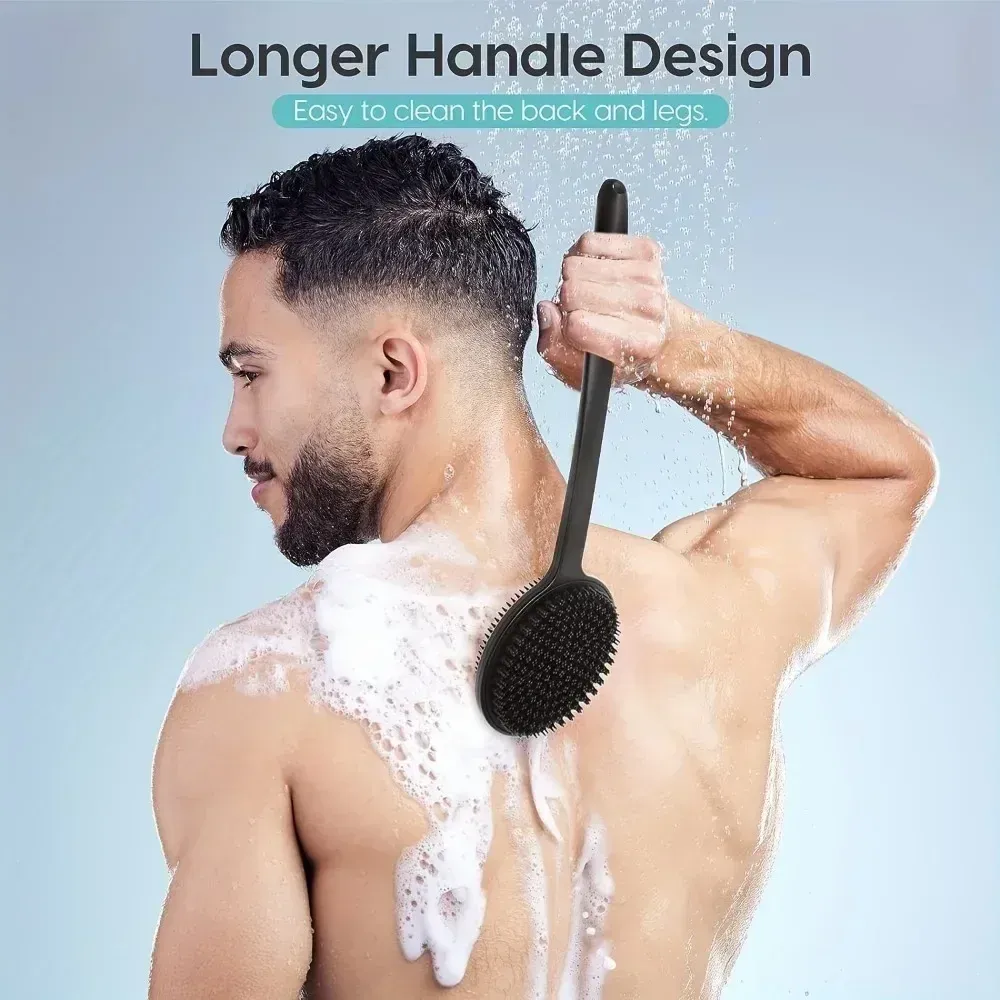Brosse de massage corporelle en silicone à long manche, double face et exfoliante, pour le bain et la douche 2