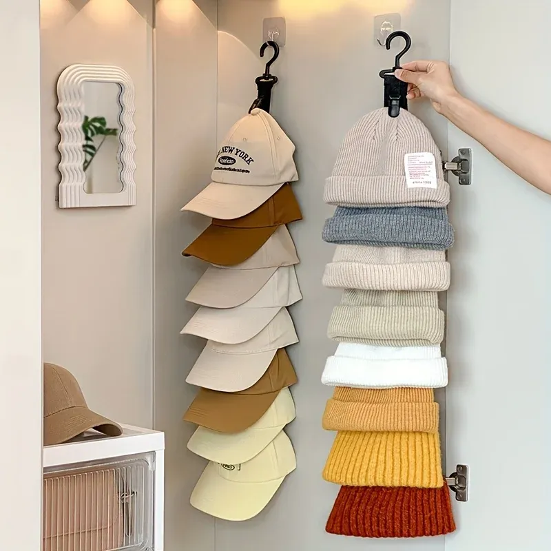 Support de rangement suspendu pour casquettes à 8 pinces, organisateur de chapeaux gris et noir