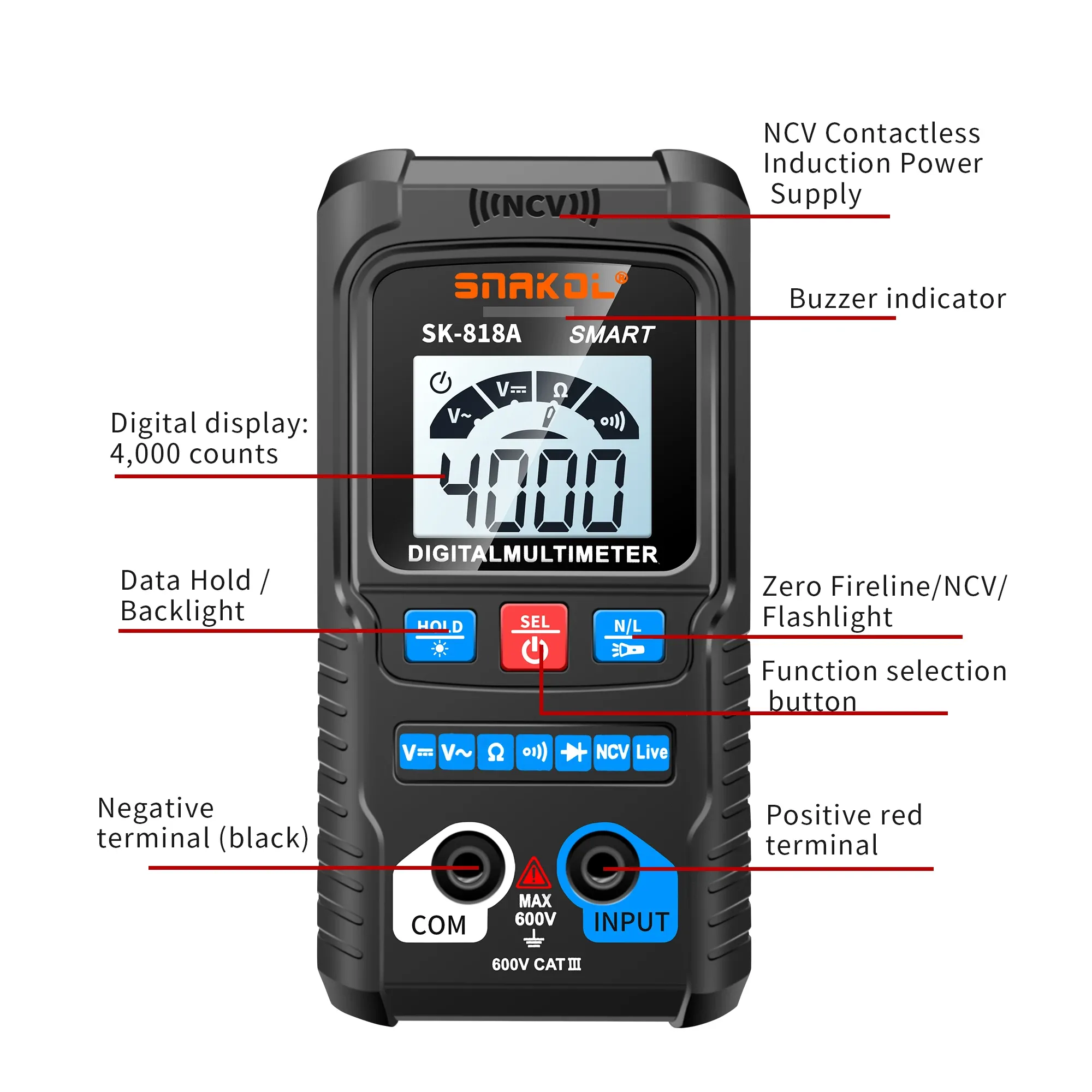 Multimètre numérique professionnel AC/DC avec détection NCV, mesure automatique, plage 600 V 6