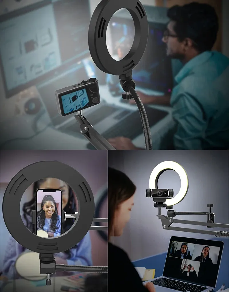 Trépied aérien avec anneau lumineux pour téléphone, support de bureau pour prise de vue vidéo 4