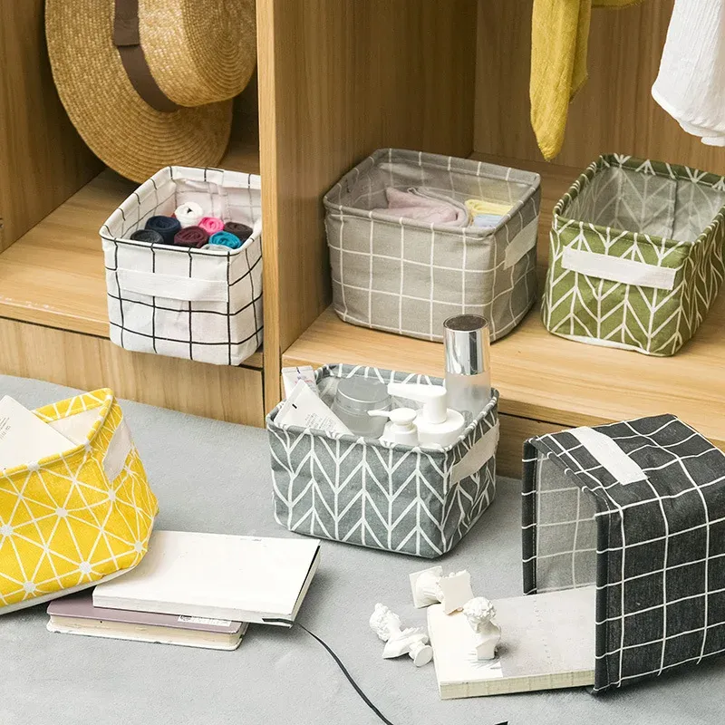 Panier de rangement pliable en tissu pour jouets, boîte de rangement de bureau en coton et chanvre, petit panier de rangement étanche frais 3