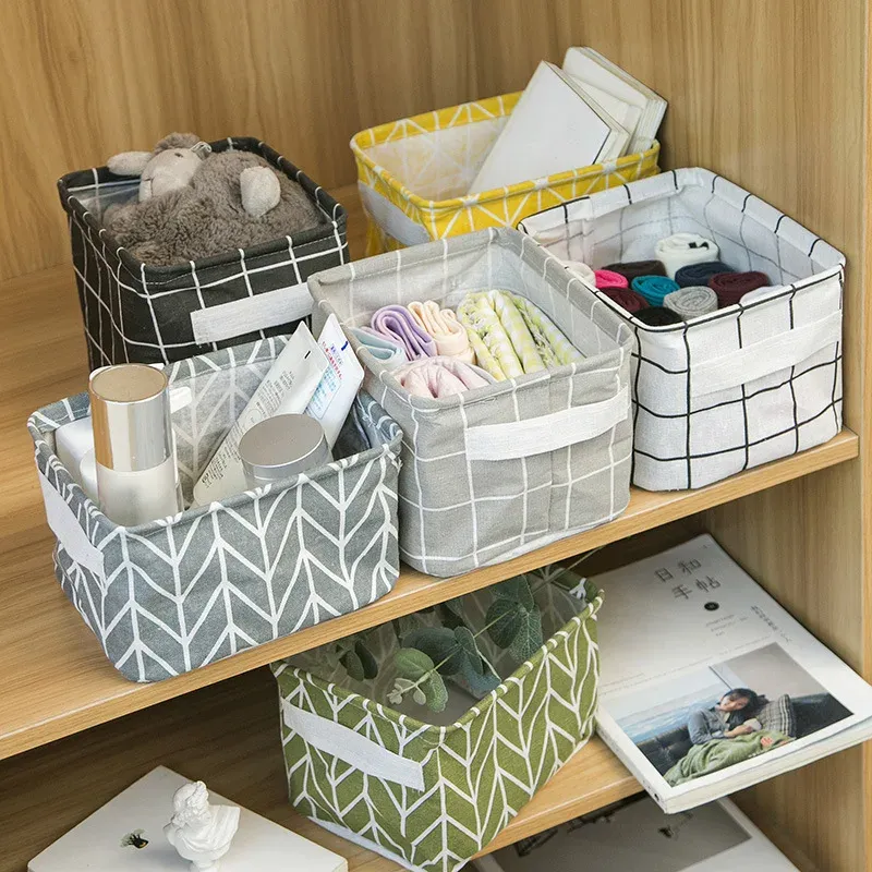 Panier de rangement pliable en tissu pour jouets, boîte de rangement de bureau en coton et chanvre, petit panier de rangement étanche frais - Image 1
