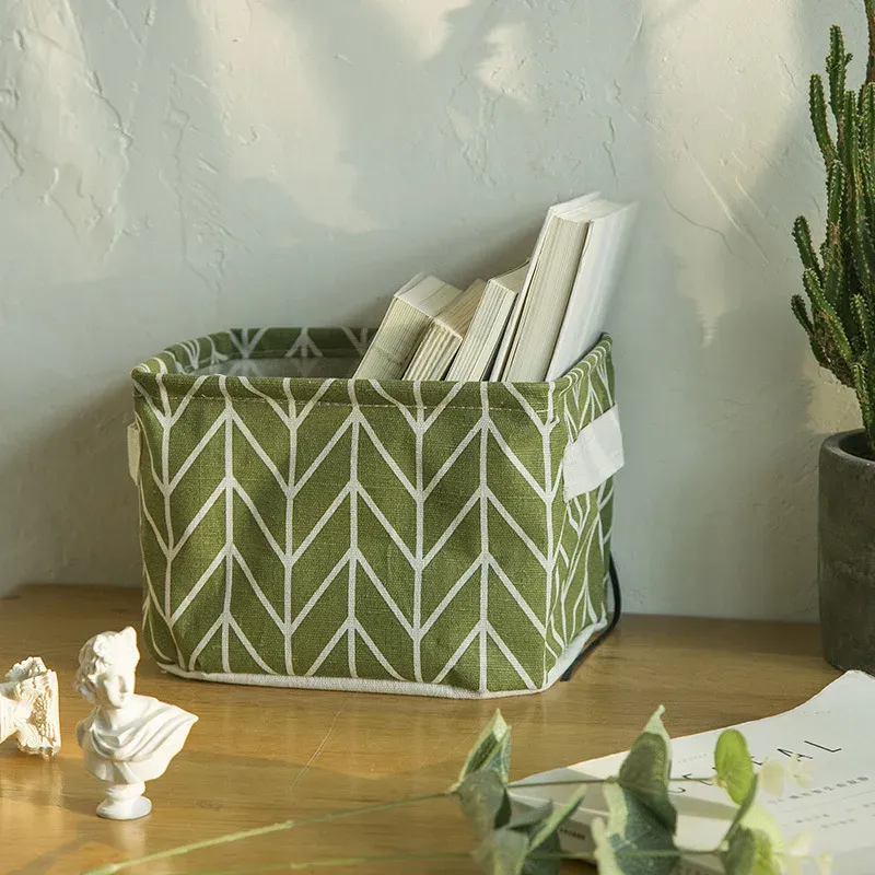 Panier de rangement pliable en tissu pour jouets, boîte de rangement de bureau en coton et chanvre, petit panier de rangement étanche frais 5