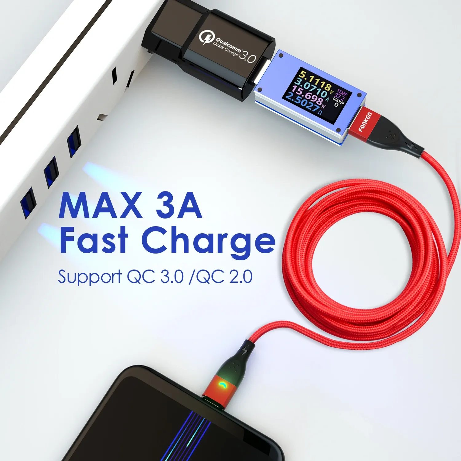 Câble magnétique 3A USB FONKEN, câble de charge rapide type C, câble de données aimanté, fil de charge Micro USB pour téléphone 2