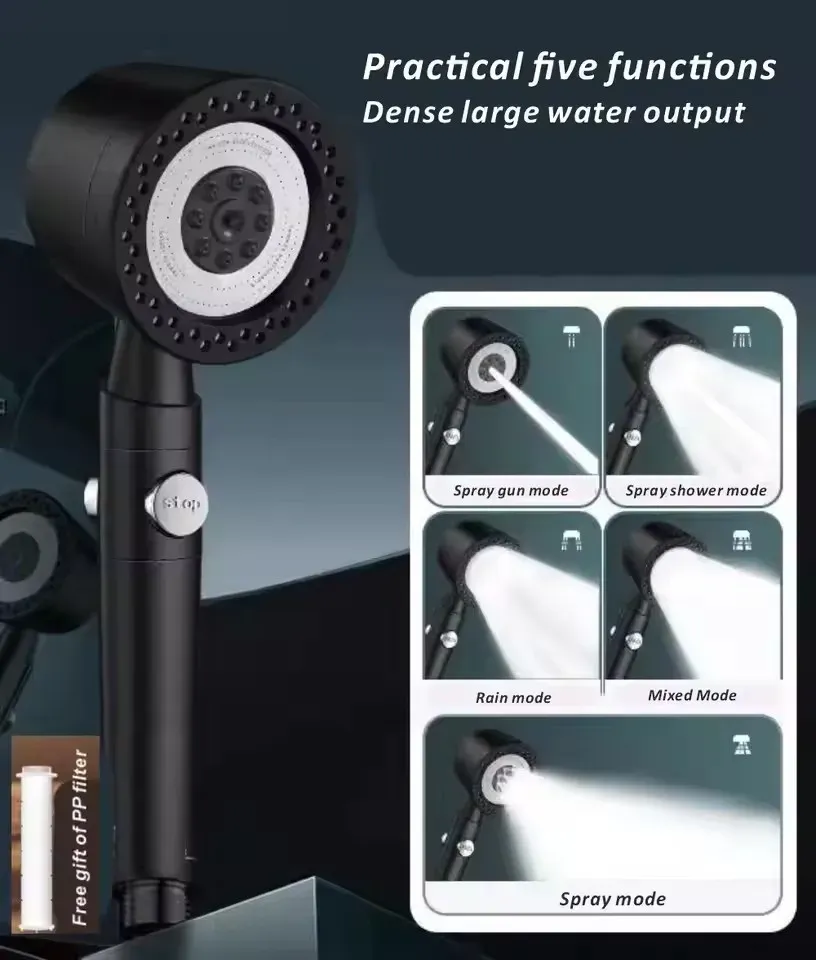 Pommeau de Douche Pressurisé 5 Modes avec Filtre et Bouton d'Arrêt, Économiseur d'Eau 2