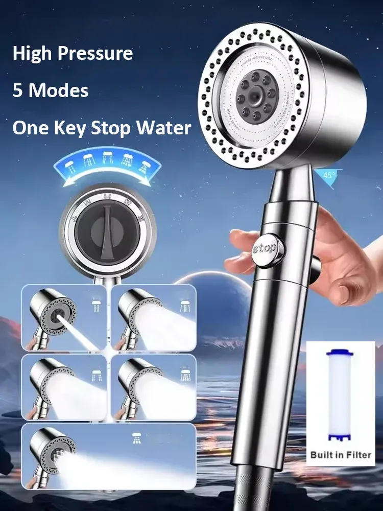 Pommeau de Douche Pressurisé 5 Modes avec Filtre et Bouton d'Arrêt, Économiseur d'Eau 1
