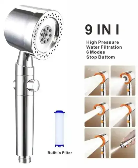 Pommeau de Douche Pressurisé 5 Modes avec Filtre et Bouton d'Arrêt, Économiseur d'Eau 13