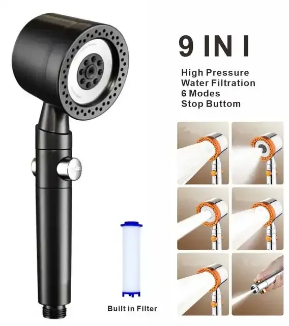 Pommeau de Douche Pressurisé 5 Modes avec Filtre et Bouton d'Arrêt, Économiseur d'Eau 14