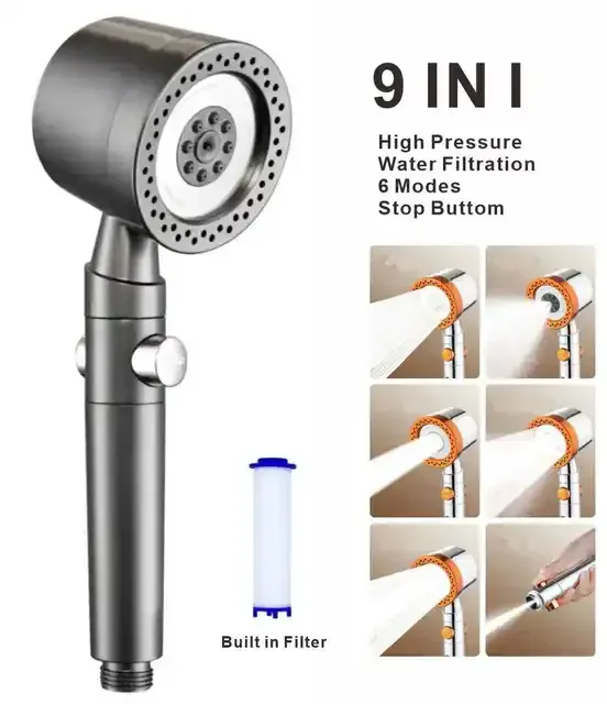 Pommeau de Douche Pressurisé 5 Modes avec Filtre et Bouton d'Arrêt, Économiseur d'Eau 15