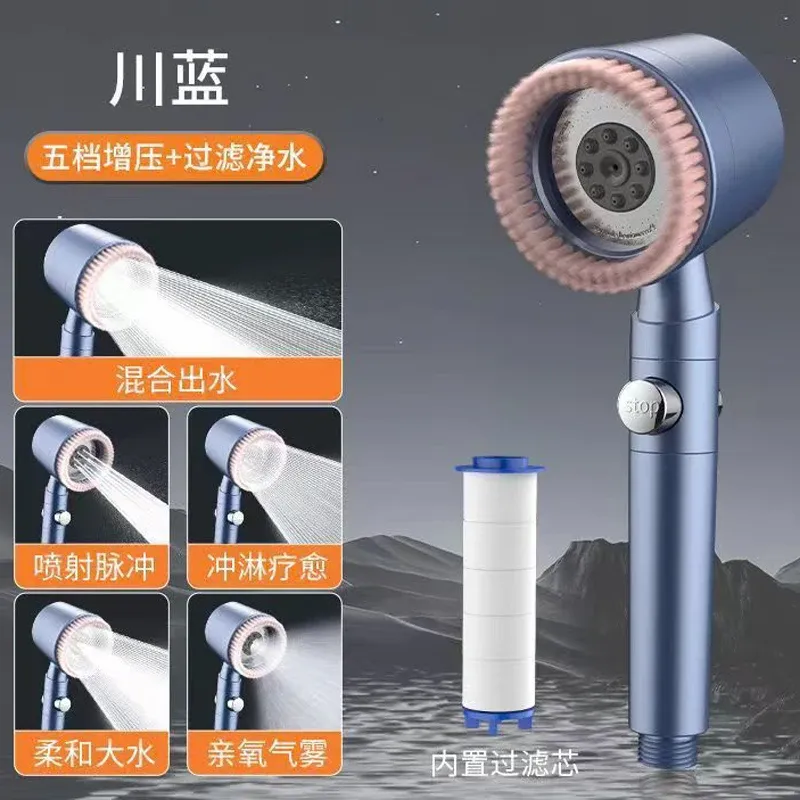 Pommeau de Douche Pressurisé 5 Modes avec Filtre et Bouton d'Arrêt, Économiseur d'Eau 10