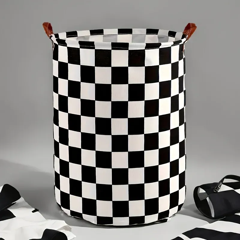 Panier à linge pliable à carreaux noir et blanc pour jouets et vêtements - Image 1