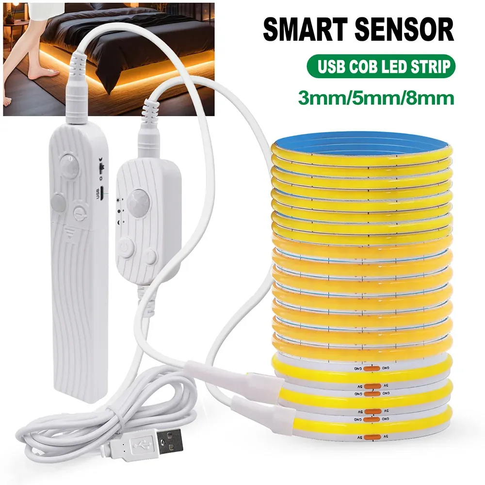 Lampe LED COB 5V à détecteur de mouvement, alimentée par USB ou batterie, à allumage et extinction automatiques, pour armoire, cuisine et escalier - Image 1