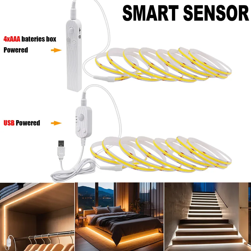 Lampe LED COB 5V à détecteur de mouvement, alimentée par USB ou batterie, à allumage et extinction automatiques, pour armoire, cuisine et escalier 5