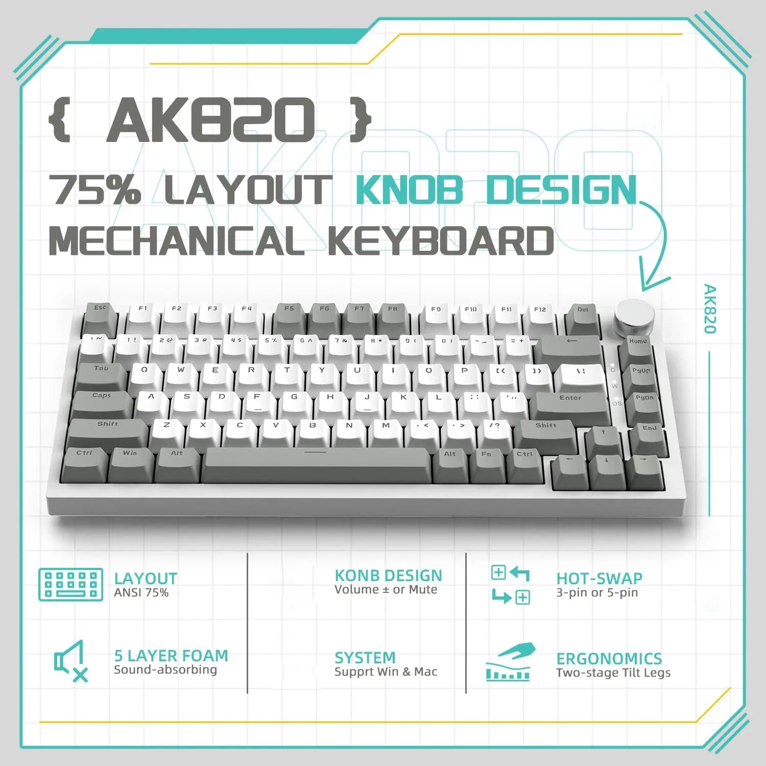 AJAZZ AK820 Clavier mécanique filaire avec molette de volume, touches remplaçables à chaud pour bureau et maison 15