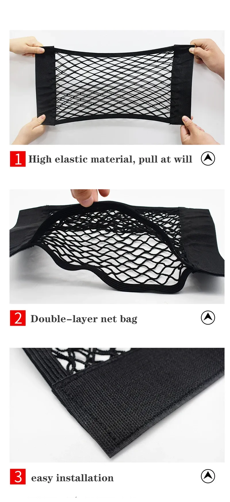 Vue détaillée du filet de rangement de coffre en maille élastique