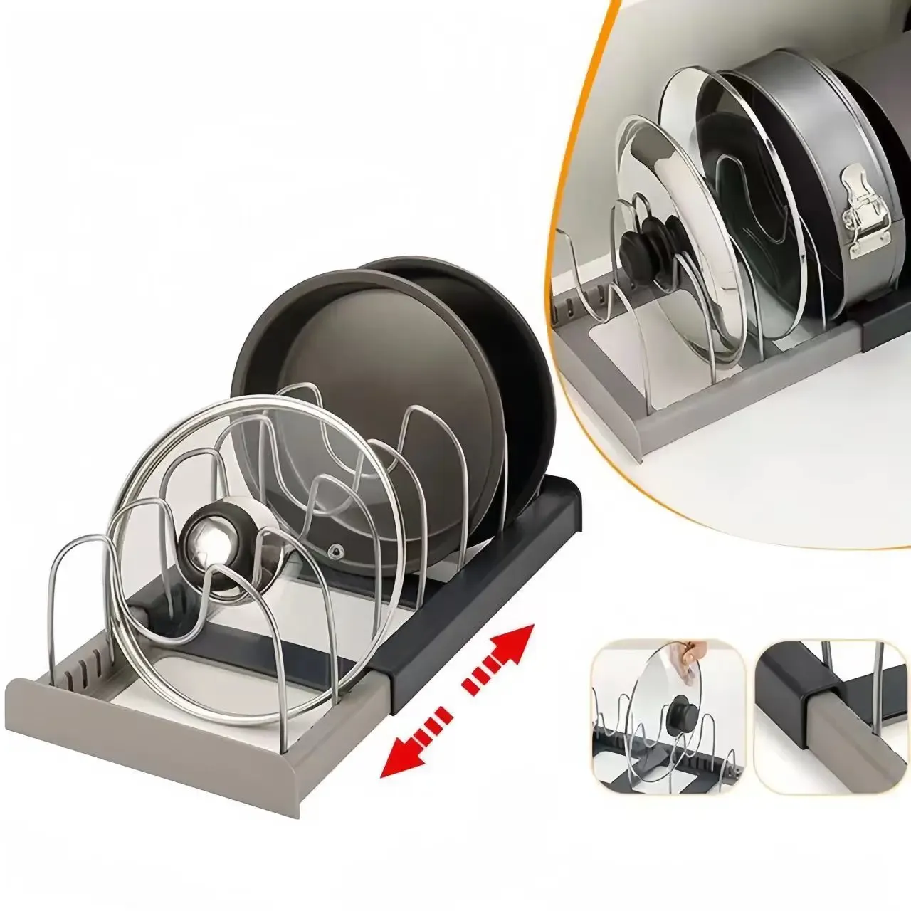 Organisateur extensible en acier inoxydable pour armoire de cuisine, rangement pour casseroles, planches à découper et ustensiles 1