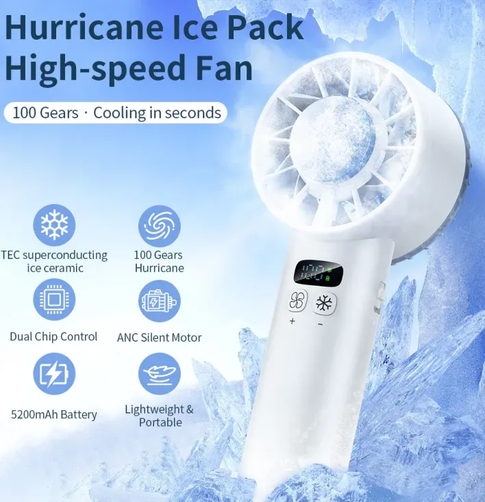 Ventilateur portatif rechargeable USB à fonction de refroidissement par glace, écran LED et haute vitesse